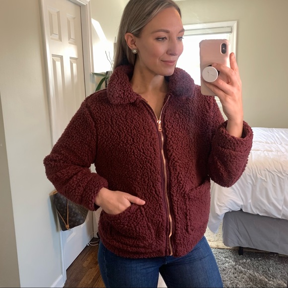 Ashley Teddy Bear Fur Bomber Jacket in Burgundy - Picture 1 of 12